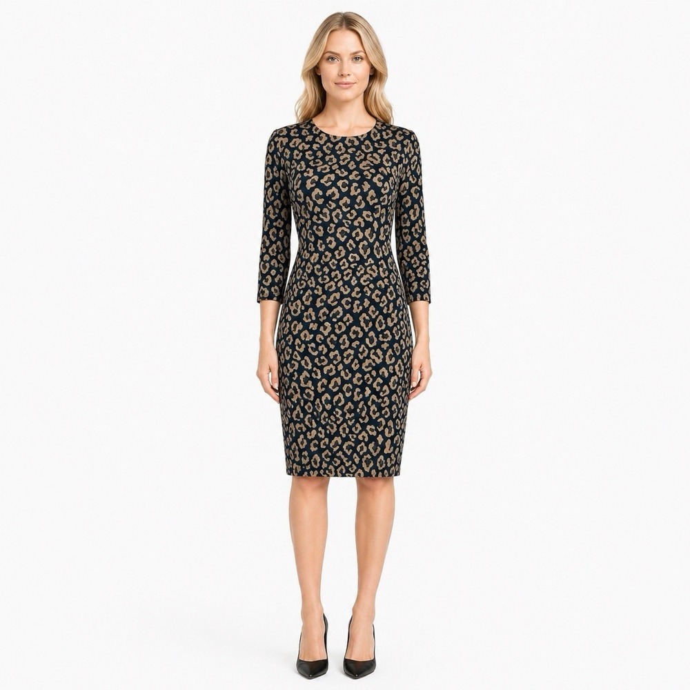J.McLaughlin Sophia Dress Medium Sahara Brown Leopard Catalina Cloth 3/4 Sleeve